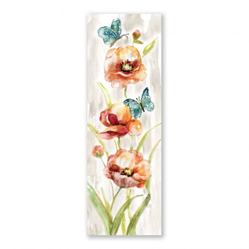 Tablou Canvas - Tablouri cu flori de Maci I, Fluturi, Rosu, Albastru, Pastel, 50 x 150 cm