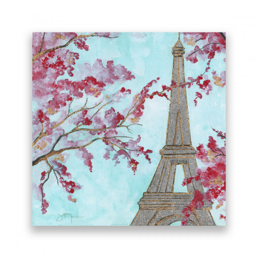 Tablou Canvas - Paris, Oras, Turnul Eiffel, Tablouri cu flori de cirese, Pictura, Primavara, Romantic, 100 x 100 cm