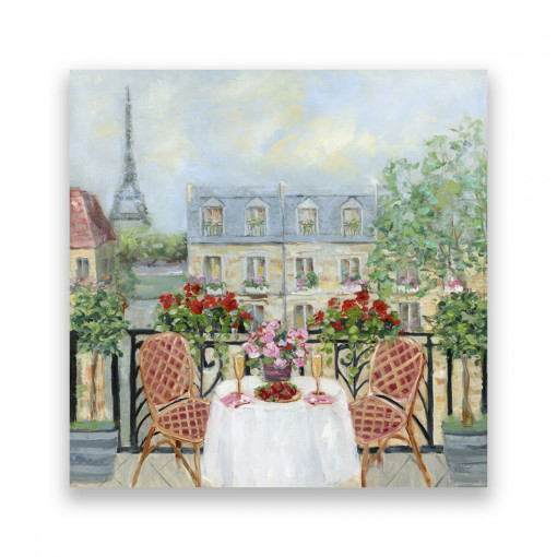 Tablou Canvas - Paris, Oras, Cladiri, Terasa, Tablouri cu flori, Pictura, Vara, Romantic, 100 x 100 cm