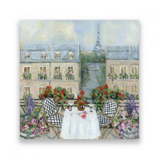 Tablou Canvas - Paris, Oras, Cladiri, Terasa, Tablouri cu flori, Vara, Romantic, Pictura, 100 x 100 cm