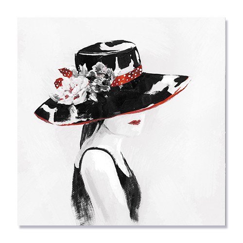 Tablou Canvas - Red on Black I, Femeie, Palarie, 100 x 100 cm