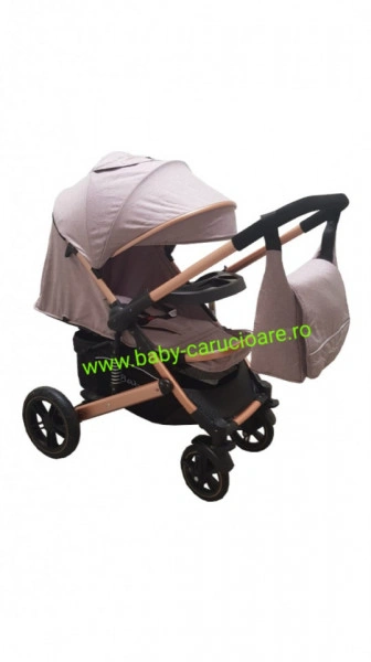 Cărucior nou născut 2 in 1+geantă multifuncționala+plasă pentru insecte Baby Care 512 Beige - Img 6