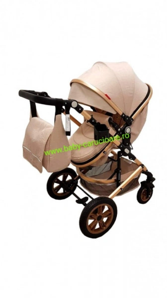 Cărucior nou născut 3 in 1 +geantă multifuncționala+ plasă pentru insecte Baby Care 530 Crem Gold - Img 4