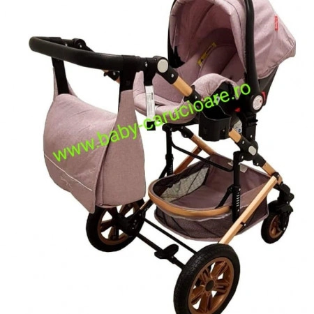Cărucior nou născut 3 in 1 +geantă multifuncționala+ plasă pentru insecte Baby Care 530 Grey Gold - Img 5