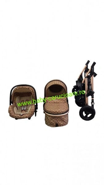 Carucior nou născut 3 in 1 + geantă multifuncționala+plasă pentru insecte Baby Care 531 Capuccino Bambucci - Img 2