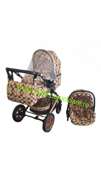 Carucior nou născut 3 in 1 + geantă multifuncționala+plasă pentru insecte Baby Care S 530 Capuccino Fluturași - Img 5