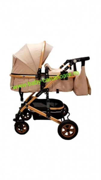 Cărucior nou născut 3 in 1+geantă multifuncționala+plasă pentru insecte Baby Care 531 Gold Crem - Img 2