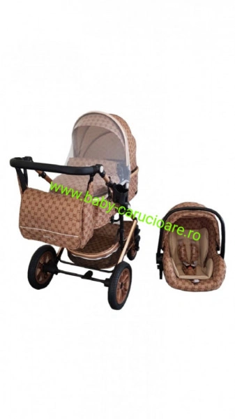 Carucior nou născut 3 in 1 + geantă multifuncționala+plasă pentru insecte Baby Care S 530 Capuccino Bambucci - Img 2