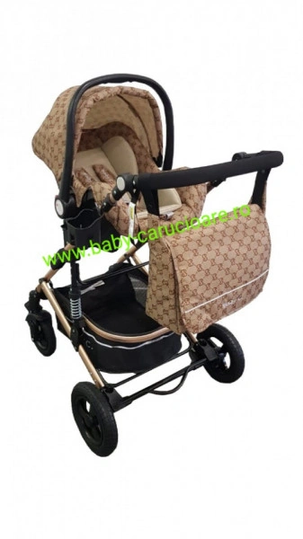 Carucior nou născut 3 in 1 + geantă multifuncționala+plasă pentru insecte Baby Care 531 Capuccino Bambucci - Img 3