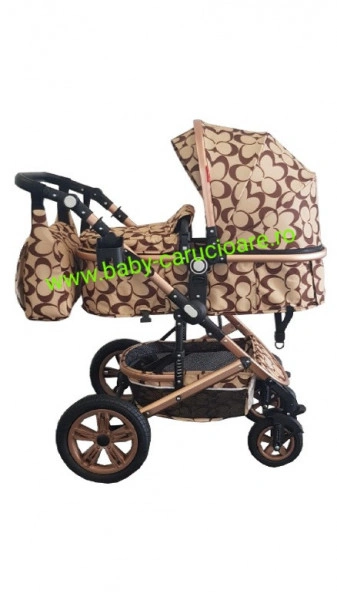 Carucior nou născut 3 in 1 + geantă multifuncționala+plasă pentru insecte Baby Care S 530 Capuccino Fluturași - Img 6