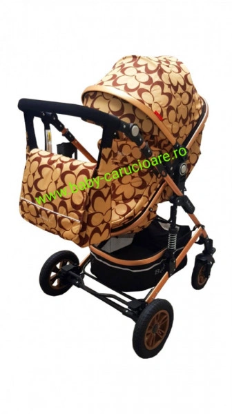 Carucior nou născut 3 in 1 + geantă multifuncționala+plasă pentru insecte Baby Care 531 Capuccino Fluturași - Img 2
