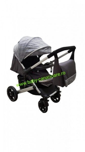 Cărucior nou născut 2 in 1+geantă multifuncționala+plasă pentru insecte Baby Care 512 Grey Design - Img 7