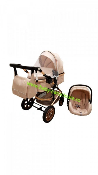 Cărucior nou născut 3 in 1 +geantă multifuncționala+ plasă pentru insecte Baby Care 530 Crem Gold - Img 5