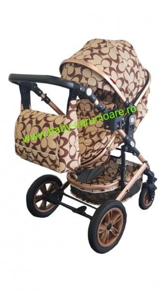 Carucior nou născut 3 in 1 + geantă multifuncționala+plasă pentru insecte Baby Care S 530 Capuccino Fluturași - Img 7