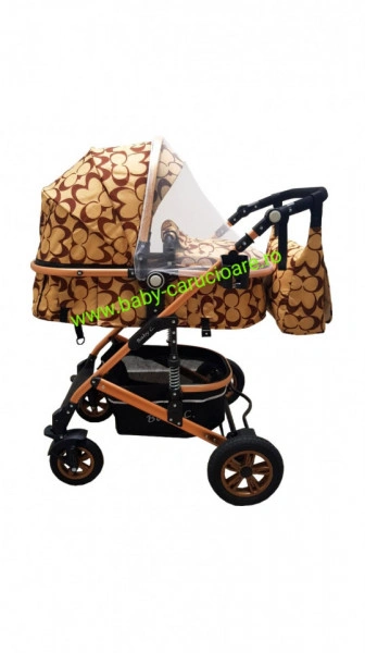 Carucior nou născut 3 in 1 + geantă multifuncționala+plasă pentru insecte Baby Care 531 Capuccino Fluturași - Img 3