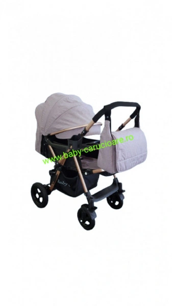 Cărucior nou născut 2 in 1+geantă multifuncționala+plasă pentru insecte Baby Care 511 Grey Gold - Img 3