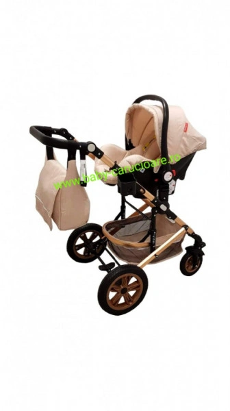Cărucior nou născut 3 in 1 +geantă multifuncționala+ plasă pentru insecte Baby Care 530 Crem Gold - Img 6