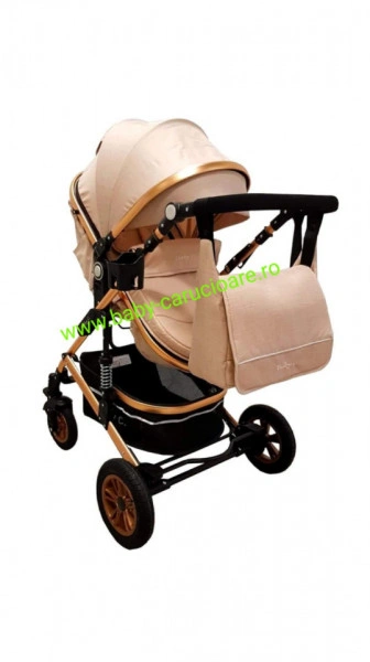 Cărucior nou născut 3 in 1+geantă multifuncționala+plasă pentru insecte Baby Care 531 Gold Crem - Img 3