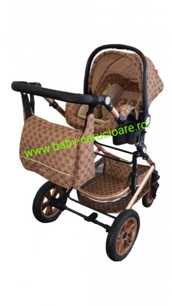 Carucior nou născut 3 in 1 + geantă multifuncționala+plasă pentru insecte Baby Care S 530 Capuccino Bambucci - Img 3