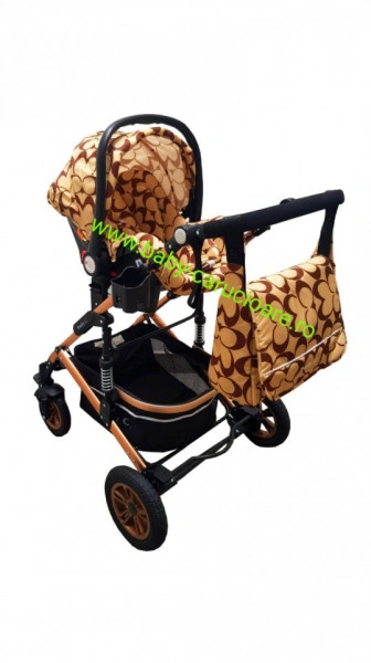 Carucior nou născut 3 in 1 + geantă multifuncționala+plasă pentru insecte Baby Care 531 Capuccino Fluturași - Img 4
