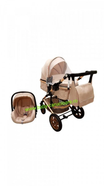Cărucior nou născut 3 in 1 +geantă multifuncționala+ plasă pentru insecte Baby Care 530 Crem Gold - Img 7