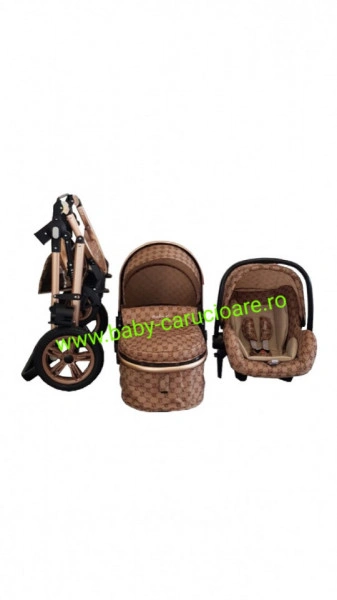 Carucior nou născut 3 in 1 + geantă multifuncționala+plasă pentru insecte Baby Care S 530 Capuccino Bambucci - Img 4