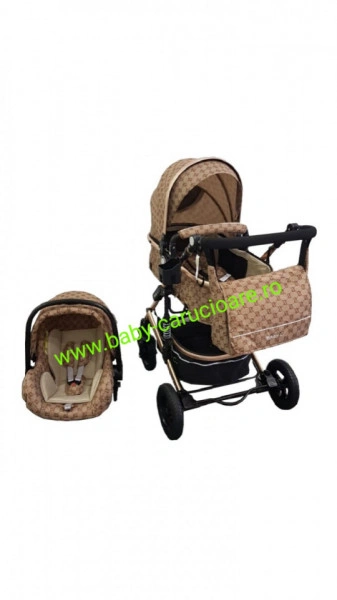 Carucior nou născut 3 in 1 + geantă multifuncționala+plasă pentru insecte Baby Care 531 Capuccino Bambucci - Img 6