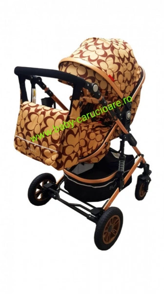 Carucior nou născut 3 in 1 + geantă multifuncționala+plasă pentru insecte Baby Care 531 Capuccino Fluturași - Img 5