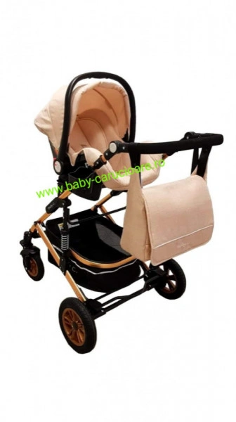 Cărucior nou născut 3 in 1+geantă multifuncționala+plasă pentru insecte Baby Care 531 Gold Crem - Img 5