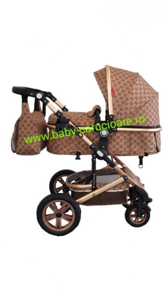 Carucior nou născut 3 in 1 + geantă multifuncționala+plasă pentru insecte Baby Care S 530 Capuccino Bambucci - Img 5