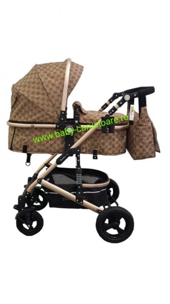 Carucior nou născut 3 in 1 + geantă multifuncționala+plasă pentru insecte Baby Care 531 Capuccino Bambucci - Img 7