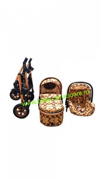 Carucior nou născut 3 in 1 + geantă multifuncționala+plasă pentru insecte Baby Care 531 Capuccino Fluturași - Img 6