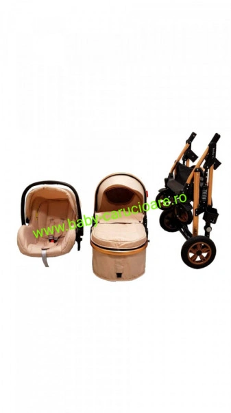 Cărucior nou născut 3 in 1+geantă multifuncționala+plasă pentru insecte Baby Care 531 Gold Crem - Img 6