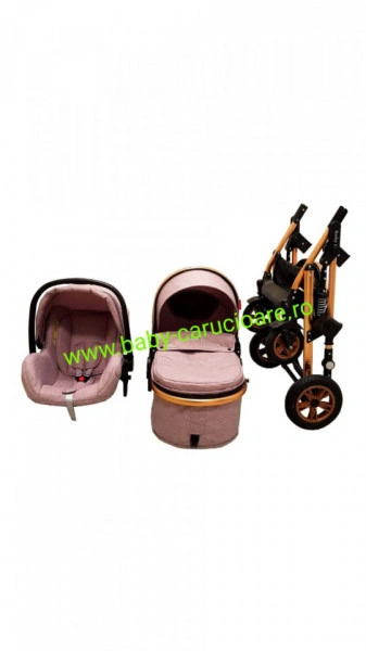Cărucior nou născut 3 in 1 +geantă multifuncționala +plasă pentru insecte Baby Care 531 Gold Grey - Img 3