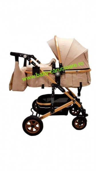 Cărucior nou născut 3 in 1+geantă multifuncționala+plasă pentru insecte Baby Care 531 Gold Crem - Img 7