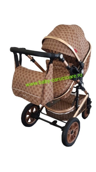 Carucior nou născut 3 in 1 + geantă multifuncționala+plasă pentru insecte Baby Care S 530 Capuccino Bambucci - Img 7