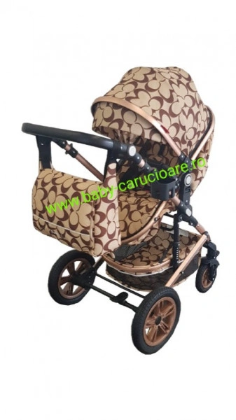 Carucior nou născut 3 in 1 + geantă multifuncționala+plasă pentru insecte Baby Care S 530 Capuccino Fluturași - Img 2