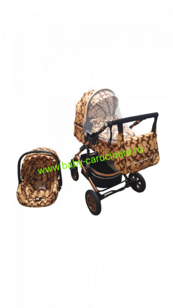 Carucior nou născut 3 in 1 + geantă multifuncționala+plasă pentru insecte Baby Care 531 Capuccino Fluturași