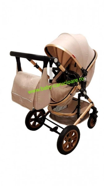Cărucior nou născut 3 in 1 +geantă multifuncționala+ plasă pentru insecte Baby Care 530 Crem Gold - Img 2