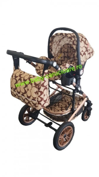 Carucior nou născut 3 in 1 + geantă multifuncționala+plasă pentru insecte Baby Care S 530 Capuccino Fluturași - Img 3