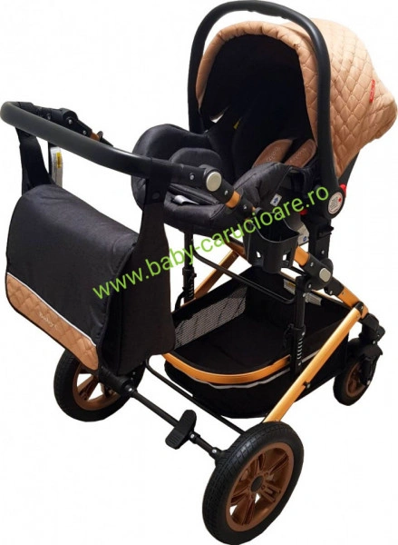 Cărucior nou născut 3 in 1 +geantă multifuncționala+ plasă pentru insecte Baby Care 530 Capuccino Design - Img 7