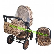 Carucior nou născut 3 in 1 + geantă multifuncționala+plasă pentru insecte Baby Care S 530 Capuccino Fluturași - Img 5