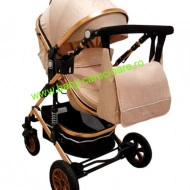 Cărucior nou născut 3 in 1+geantă multifuncționala+plasă pentru insecte Baby Care 531 Gold Crem - Img 3
