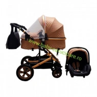 Cărucior nou născut 3 in 1 +geantă multifuncționala+ plasă pentru insecte Baby Care 530 Capuccino Design