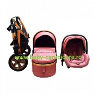 Carucior nou născut 3 in 1+ geantă multifuncționala +plasă pentru insecte Baby Care S 530 Roz Design - Img 4