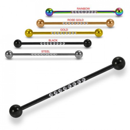 316L Surgical Steel Industrial Barbell with 8 Zircons Black 1.6x38mm - Img 2