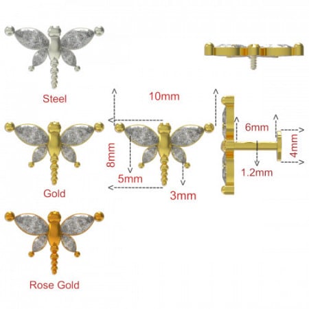 CZ Jeweled Dragonfly Internally Threaded Surgical Steel Gold - Img 2