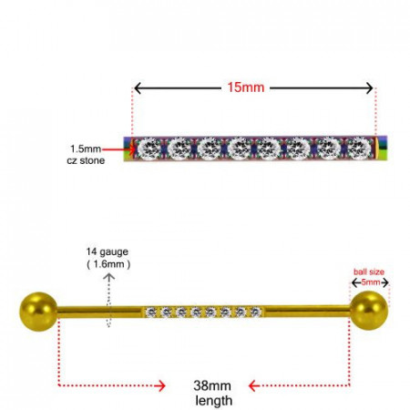 316L Surgical Steel Industrial Barbell with 8 Zircons Black 1.6x38mm - Img 3