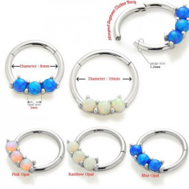 Triple Opal Hinged Segment Ring Daith Tragus Helix Septum Clicker Ring Blue 1.2x10mm - Img 3
