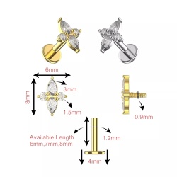 Labret con filettatura interna e 6 pietre CZ curvo 1.2x8mm - Argento - Img 3
